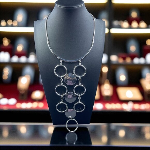 Chicos Silver Geometric Statement Necklace Modern Circle Pendant Long Jewelry - Picture 1 of 8